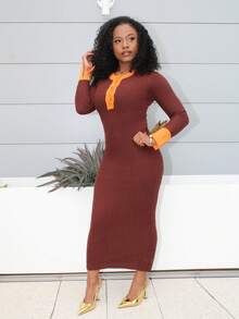 Steph T 女士时尚性感纽扣半开襟修身毛衣裙 - 咖啡棕 - 查看 1