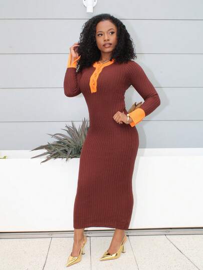 Steph T 女士时尚性感纽扣半开襟修身毛衣裙