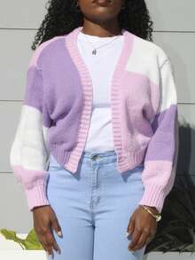 Steph T 宽松休闲短款开衫，前开襟，长袖上衣 - 彩色 - 查看 5