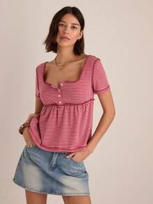 Easelle 女士红白条纹针织露脐上衣 - 紅白色 - 查看 3