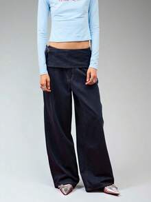 COUREZ Baggy Jeans With Bow Tie Waistband /Y2K Low Rise Jeans Fall Women Clothes Fall Clothes Going Out Outfits Low Waist Jeans - Navy Blue - View 4