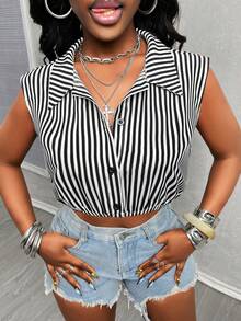 Glyssa 女士黑白条纹休闲度假日常通勤无袖露脐性感简约半开襟衬衫 - 黑與白 - 查看 6