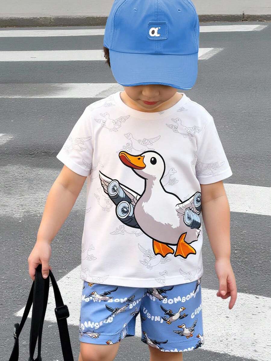 SHEIN Streecool Kids 2pcs/Set Boys White Summer Outfit,Fashionable Sports Suit With Funny Airplane,Duck & English Slogan Design,Comfortable Casual Wear For Back To School - Multicolor - View 1
