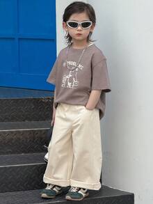 DAZY 男童休闲时尚街头日常通勤简约百搭纯色弹力腰斜插口袋宽松阔腿裤 夏季 - 卡其色 - 查看 3