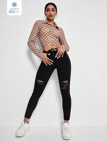 SHEIN ICON 高腰做旧纯色休闲时尚百搭牛仔裤 - 黑色 - 查看 7