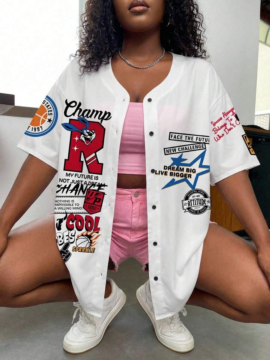 Slaydiva Áo bóng chày tay ngắn hở phía trước rộng rãi cho nữ, phù hợp với phong cách đại học mùa hè và các trò chơi thể thao - Nhiều màu - Xem 1