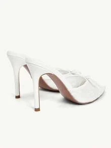 CUCCOO CHICEST 女士白色PU蕾丝网眼拼接春夏蝴蝶结元素时尚性感尖头细高跟拖鞋 - 純白 - 查看 5