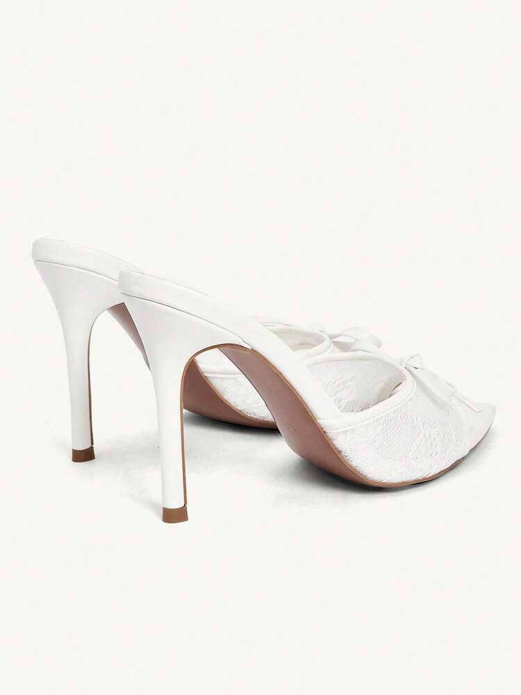 CUCCOO CHICEST Women Shoes White PU Lace Mesh Splicing Summer And Summer Bow Elements Fashionable Sexy Pointed Stiletto Slippers Summer Shoes Wedding Shoes Bride Shoes