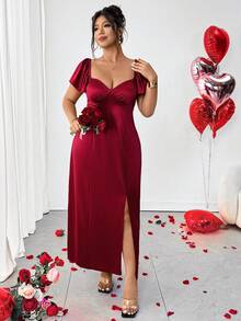 DreamSkyne Plus Size Women Elegant Summer Red Satin Midi Dress,Knit Short Sleeve Shiny Burgundy Slit Formal Gown For Prom Night,Curve Elegant Dress - Burgundy - View 9
