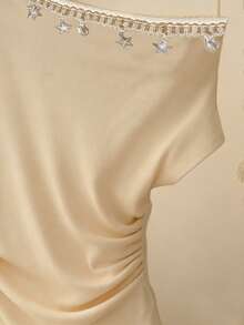 Franclia Women's Cream White Elegant Summer Tea Party One-Shoulder T-Shirt,Lace Trim Star & Shell Decor Ruched Waist One Sleeve Blouse Relaxed Vacation Tops - White - View 5