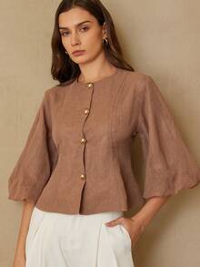 Aveloria Rosie Fashionable Design Sense Casual Mandarin Collar Puff Sleeve Vest Jacket - Brown - View 3