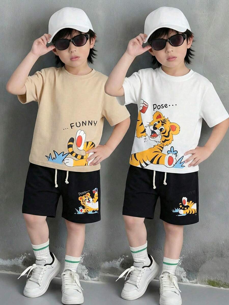 SHEIN Conjunto de 4 piezas de camiseta y pantalones cortos con estampado de tigre lindo para niño pequeño - Multicolor - Ver 1