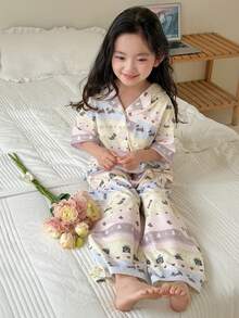 DAZY Young Girl Summer Comfortable All-Over Print Button Front Shirt And Pants Pajama Set - Multicolor - View 5