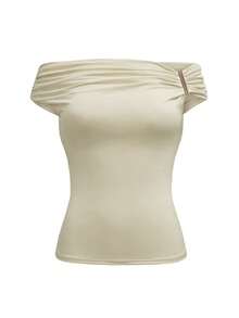 INAWLY Blusa de hombros para mujer talla grande con decoración metálica, estilo francés, para verano - Beis - Ver 4