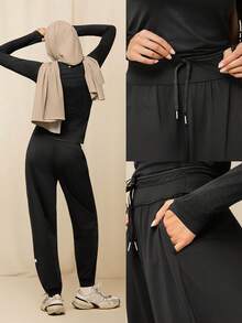 GLOWMODE X Reem Modest CloudKnit Weekend Stroll Soft Stretchy Lightweight Adjustable Drawstring Waist Pockets Relaxed Fit Joggers Daily Casual Street Wear - Black - View 8