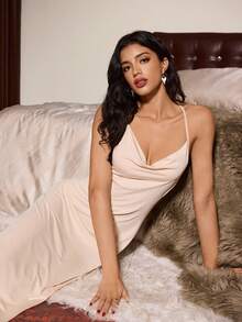 Slumberist Solid Draped Cami Nightdress - Apricot - View 3