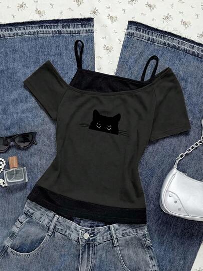 Attitoon Women's Casual Retro Black Cat Peeking Print Colorblock Short Sleeve T-Shirt, Suitable For Summer