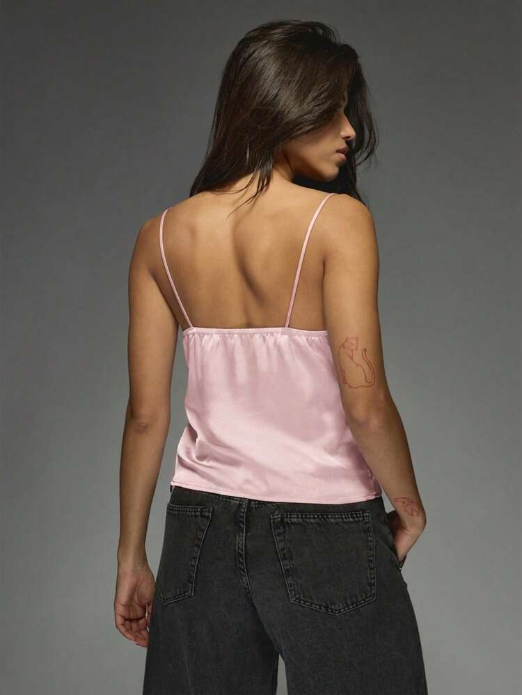 MISSGUIDED Lace Trim Satin Camisole Tank Top V Neck Sleeveless Blouse Summer Casual Festival Layering