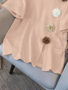 Franclia 圆领短袖休闲优雅百搭3D立体花卉图案女式T恤，夏季上衣，白色印花T恤 - 粉色 - 查看 4