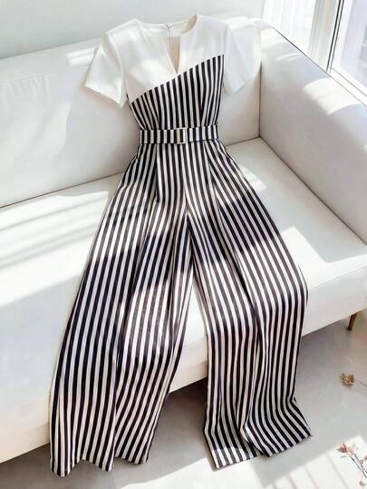 Franclia 女士休闲日常/办公通勤条纹印花镂空领系带阔腿连体裤