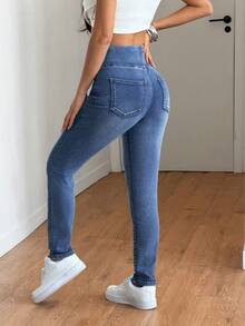 SHEIN PETITE Spring To Summer Women's Elastic Waist High-Stretch Comfortable Pre-Washed Denim Fabric Women's Gym Casual For Women Skinny Casual Jeans - Light Wash - View 2