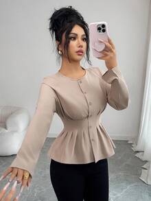 Elenzga Blusa plisada elegante para oficina, trabajo y uso casual - Caqui - Ver 4
