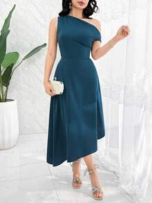 Feyla Đầm nữ thanh lịch màu trơn, vạt bất đối xứng - Màu xanh lam - Xem 5