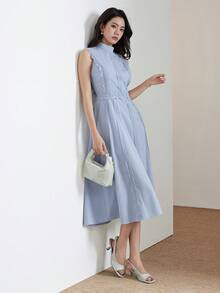 Heiryn Elegant Knitted Tie Collar Sleeveless Dress For Commuting - Baby Blue - View 5