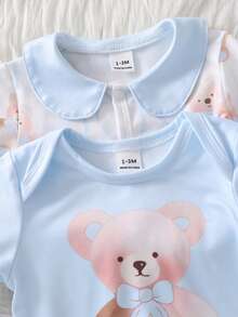 SHEIN 4件套新生儿小熊蝴蝶结装饰长袖连体衣、帽子和手套套装，家居服 - 淺藍色 - 查看 5