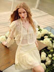 MOTF PREMIUM 女士蕾丝拼接浪漫短裙，春夏款 - 杏色 - 查看 5