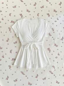 Sweetra Women's Spring/Summer White French Romantic Lace Patchwork V-Neck Tie Top - White - View 1