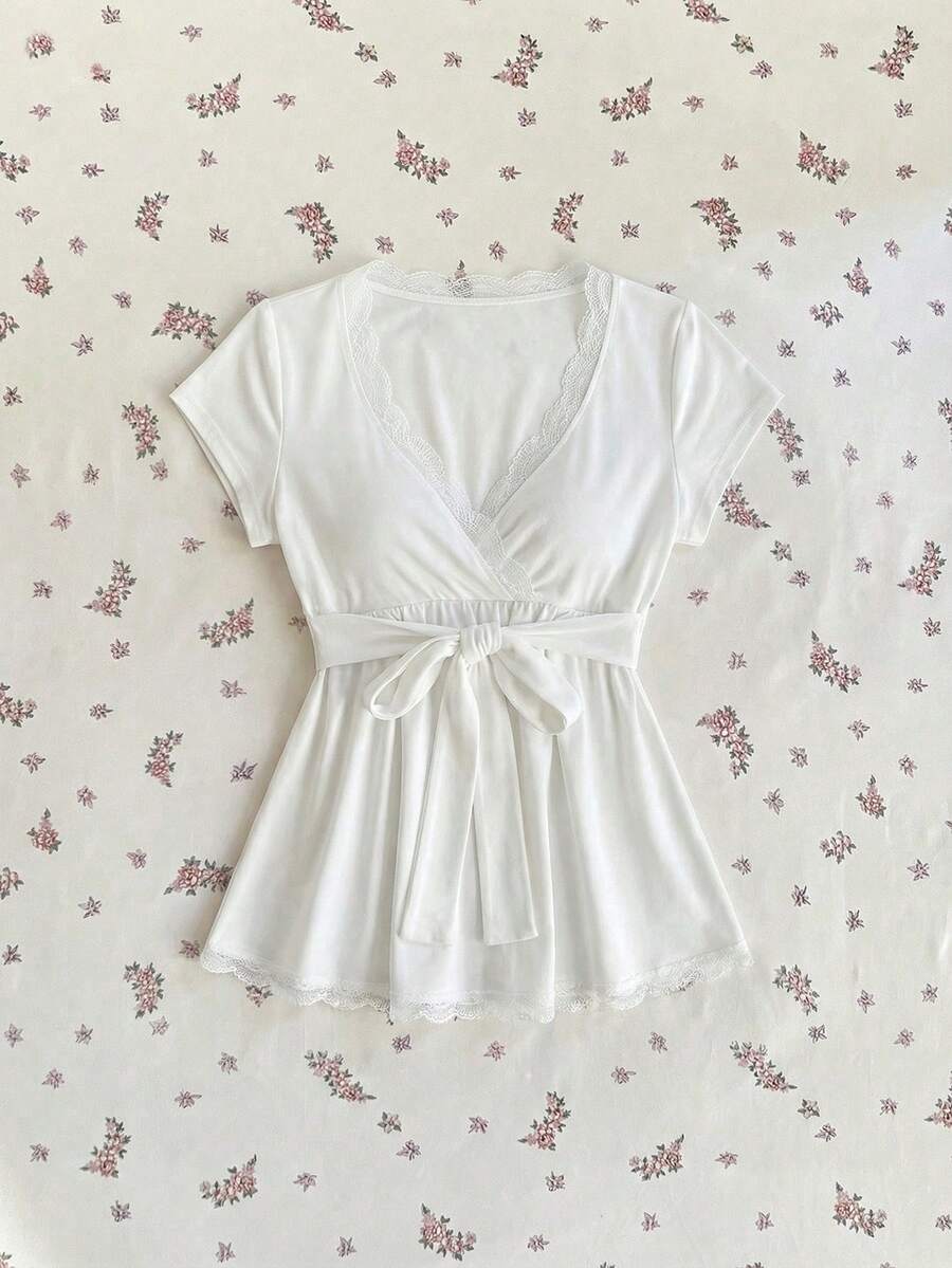 Sweetra Women's Spring/Summer White French Romantic Lace Patchwork V-Neck Tie Top - White - View 1