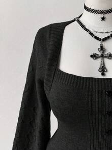 Sunspun Women's Plus Size Casual U-Neck Heart Button Embellished Long Sleeve Fitted Pullover Sweater - Black - View 6