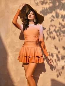 Swim Mulvari Bộ đồ bơi Burkini hai mảnh kiểu ombre dành cho nữ, thiết kế dây rút ở eo che bụng, viền bèo nhún tạo thêm vẻ duyên dáng. - Nhiều màu - Xem 5