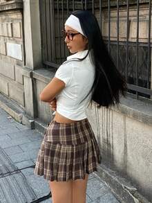 Coolane Women's Plaid Pleated Versatile Casual Skirt Pants - Brown - View 7