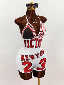 Mistrie Women's Letter Print Halter Neck Casual Sexy Romper - Red and White - View 3