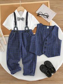 SHEIN 两件套男童休闲格子背心和裤子绅士西装套装 - 藍色 - 查看 4