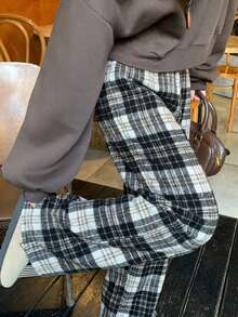 DAZY 女士宽松直筒格子裤，秋冬季 - 黑色 - 查看 4