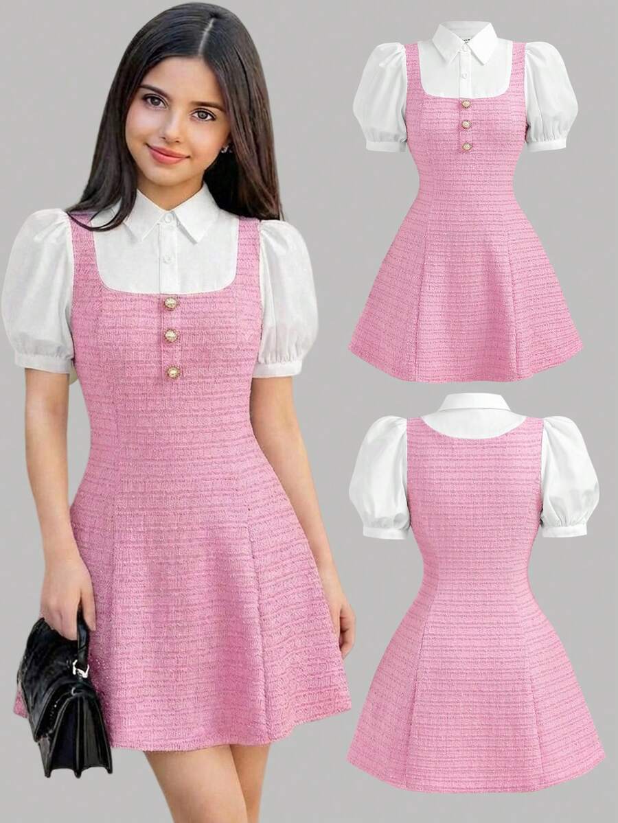 SHEIN Girlism 优雅格子拼接短袖连衣裙，适合少女穿着，优雅大方，适合返校、生日派对、晚宴、演出、婚礼、洗礼、开幕式、学校活动、旅行、万圣节、毕业舞会、音乐会等场合。 - 粉色 - 查看 1