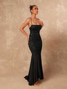 Lumalex Rhinestone Ombre Luxurious Mermaid Dress With Spaghetti Straps, Bodycon And Fishtail Hem For Women ,Summer Lace Up Black Club Sparkly Glitter Corset - Black - View 5