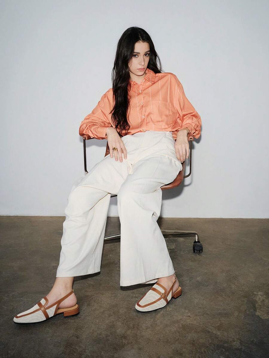 Giày bệt hở mũi thoáng khí mùa thu 2025 cho nữ, gót thấp, quai hậu, giày vải xuân/hè màu mơ - màu nâu - Xem 1