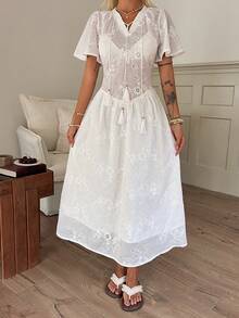 DAZY Đầm maxi nữ kiểu dáng thường ngày, màu trơn, thêu họa tiết rỗng, thích hợp cho kỳ nghỉ hoặc phong cách boho. - trắng - Xem 3