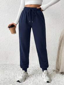 EURMUSE Solid Drawstring Waist Black Sweatpants - Navy Blue - View 5