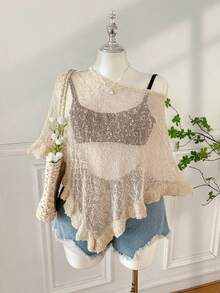SHEIN EZwear Plus Size Women Casual Ruffled Semi-Sheer Poncho Sweater, Suitable For Summer Outing And Dating - Apricot - View 5