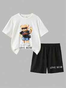 2pcs/Set Tween Girls Casual Fashion Outfit, White Loose Cute Bear Print T-Shirt And Black Skinny Bike Shorts - Black and White - View 5