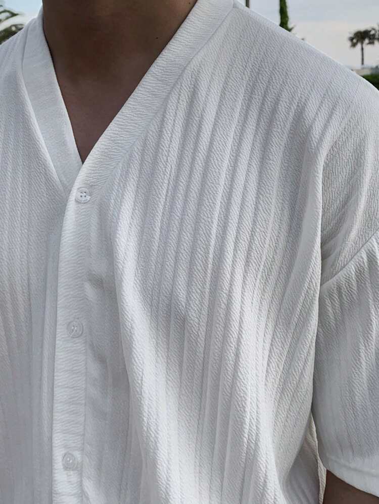 Men's White Textured Fabric Long T-Shirt Set, Spring/Summer