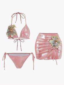 Swim Oasis 3件套夏季新款高端亮片刺绣花卉三角比基尼聚拢泳衣女款 - 粉色 - 查看 1