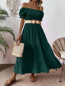 EMERY ROSE Ladies" Summer Holiday Solid Color Textured Bubble Sleeve Long Dress Maxi Women Outfit - Dark Green - View 3