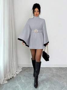 SHEIN Elenzya 女士披肩式喇叭袖套头衫羊毛混纺优雅休闲街头通勤商务浪漫约会派对圣诞节秋冬杏色羊毛大衣 - 淺灰色 - 查看 8