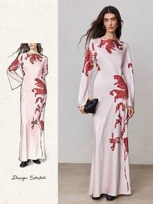 ZEYLAH Slanted Print Fitted Off-Shoulder Flare Sleeve Dress, Spring - Pink - View 7